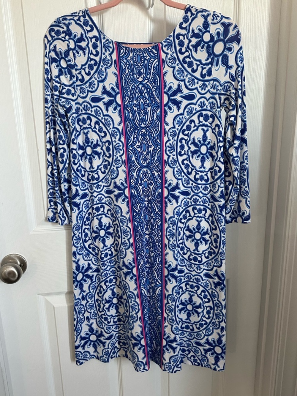 Lilly Pulitzer Blue and White Printed Long Sleeve Dress with Pink Trim